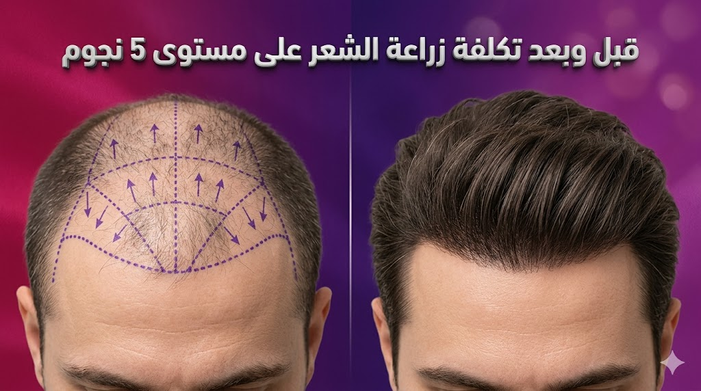 مقارنة قبل وبعد توضح نتائج تكلفة زراعة الشعر على مستوى 5 نجوم مع تخطيط طبي دقيق.
