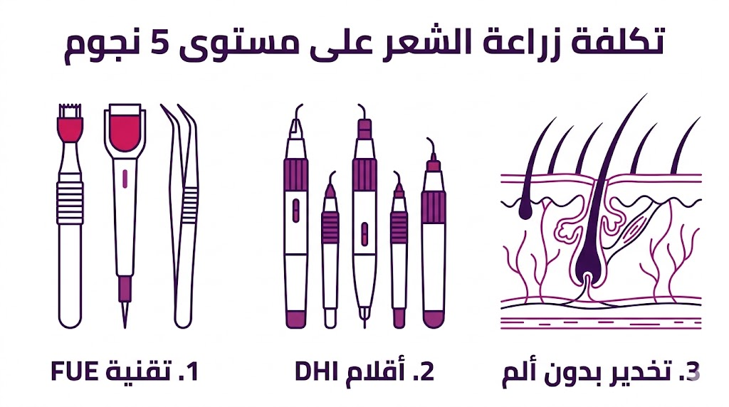 بوستر إنفوجرافيك يوضح التقنيات المستخدمة ضمن تكلفة زراعة الشعر على مستوى 5 نجوم.