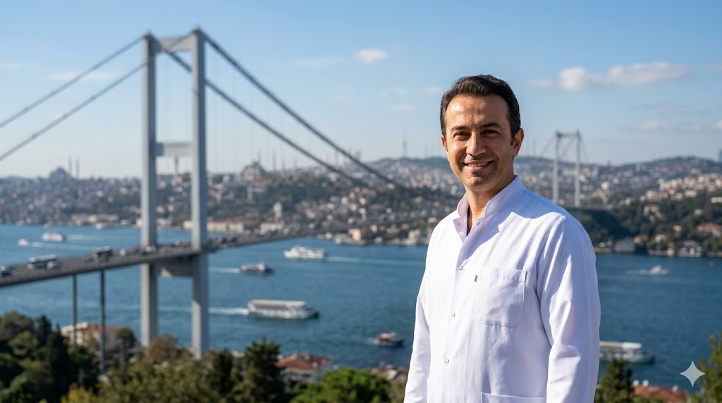 طبيب مختص يقف أمام جسر البوسفور في اسطنبول لتمثيل خدمات تكلفة زراعة الشعر على مستوى 5 نجوم في تركيا.