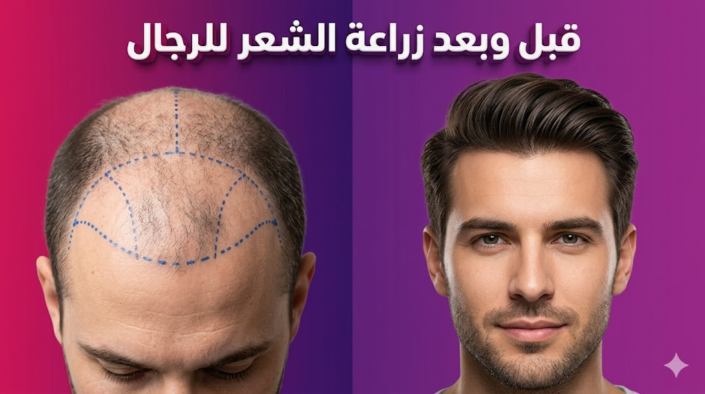  مقارنة قبل وبعد تظهر نتائج كثافة الشعر الطبيعية بعد عملية زراعة الشعر للرجال.