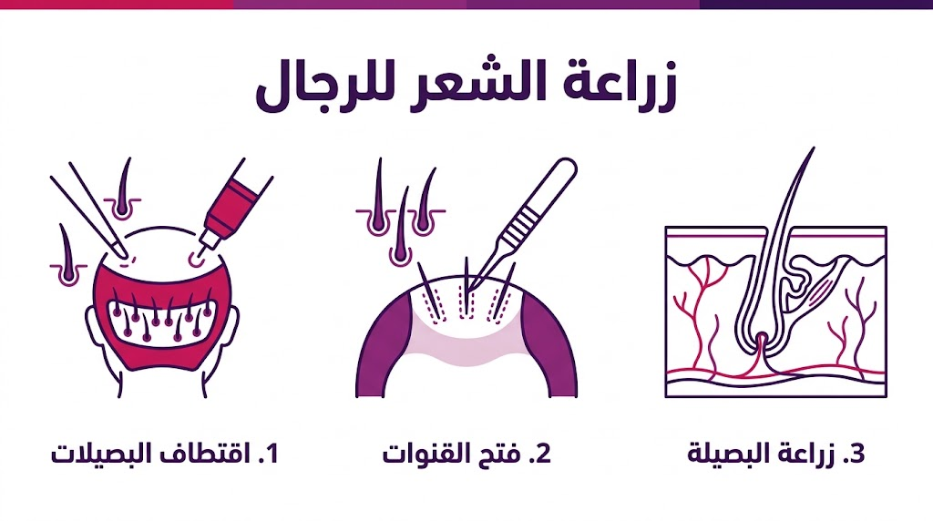 إنفوجرافيك مقسم لثلاث مراحل يشرح خطوات عملية زراعة الشعر للرجال بالتفصيل.
