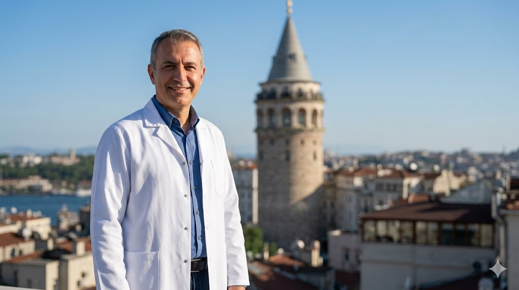  طبيب مختص في زراعة الشعر للرجال يقف أمام برج غالاتا الشهير في إسطنبول.