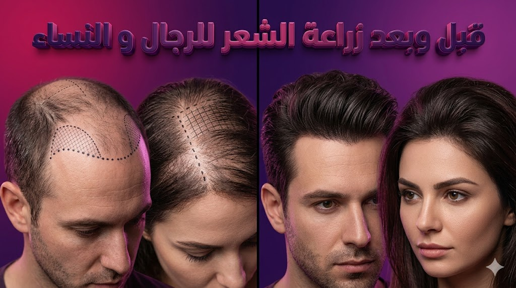  صورة واقعية تظهر نتائج قبل وبعد زراعة الشعر للرجال و النساء مع توضيح كثافة الشعر الجديدة.