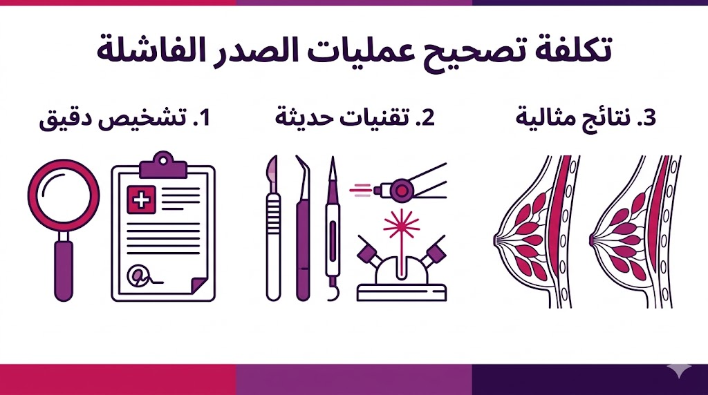 إنفوجرافيك طبي مقسم لثلاث مراحل يشرح خطوات تكلفة تصحيح عمليات الصدر الفاشلة من التشخيص إلى النتائج.