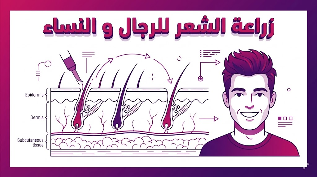  إنفوجرافيك طبي يشرح التشريح الداخلي لبصيلات الشعر أثناء عملية زراعة الشعر للرجال و النساء.