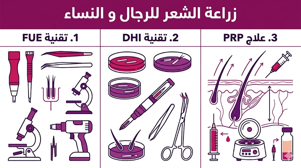 بوستر إنفوجرافيك يوضح التقنيات المستخدمة في زراعة الشعر للرجال و النساء مثل FUE و DHI.