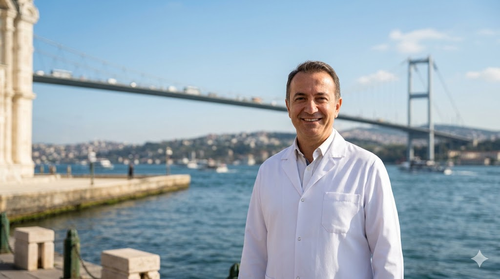 طبيب متخصص في زراعة الشعر للرجال و النساء يقف أمام جسر البوسفور في إسطنبول، تركيا.