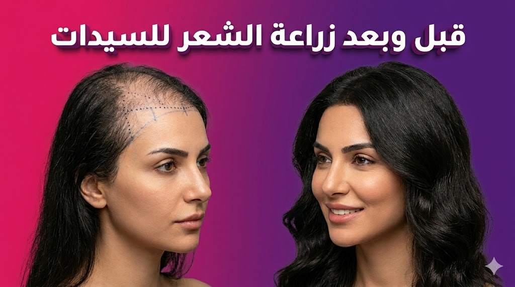  مقارنة قبل وبعد توضح نتائج زراعة الشعر للسيدات واستعادة الكثافة الكاملة في خط الشعر.