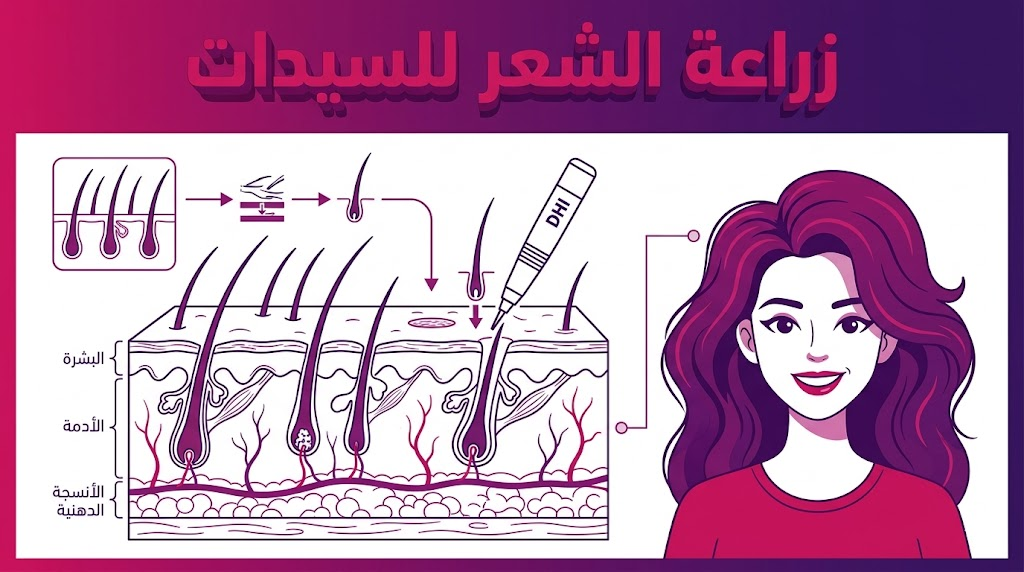  إنفوجرافيك تعليمي يوضح العملية التشريحية الدقيقة لتقنيات زراعة الشعر للسيدات.