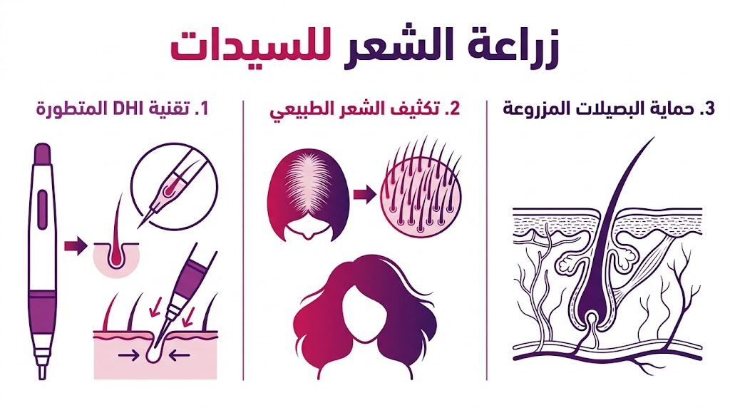  بوستر إنفوجرافيك يشرح مميزات تقنية DHI وتكثيف الشعر الطبيعي ضمن عملية زراعة الشعر للسيدات.