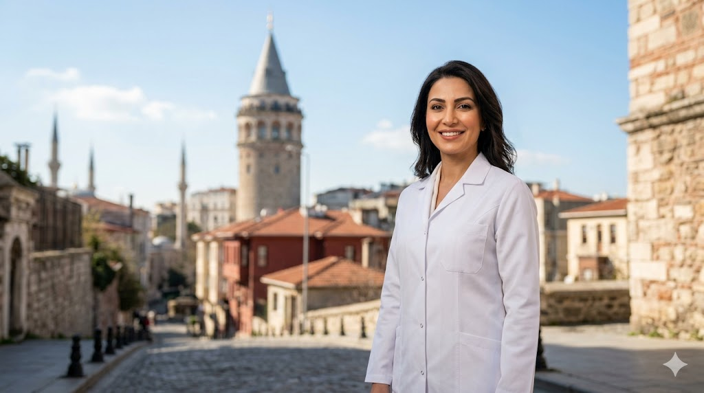 طبيبة متخصصة في زراعة الشعر للسيدات تقف أمام برج غالاتا التاريخي في مدينة إسطنبول.