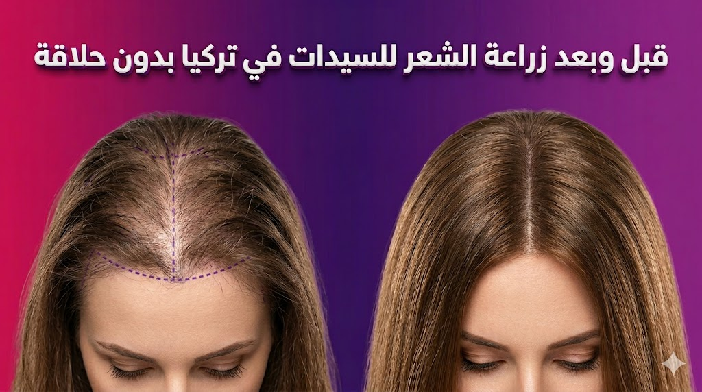 مقارنة قبل وبعد توضح نتائج زراعة الشعر للسيدات في تركيا بدون حلاقة واستعادة كثافة الشعر.