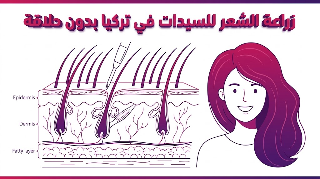  إنفوجرافيك تعليمي يوضح الآلية العلمية لعملية زراعة الشعر للسيدات في تركيا بدون حلاقة.