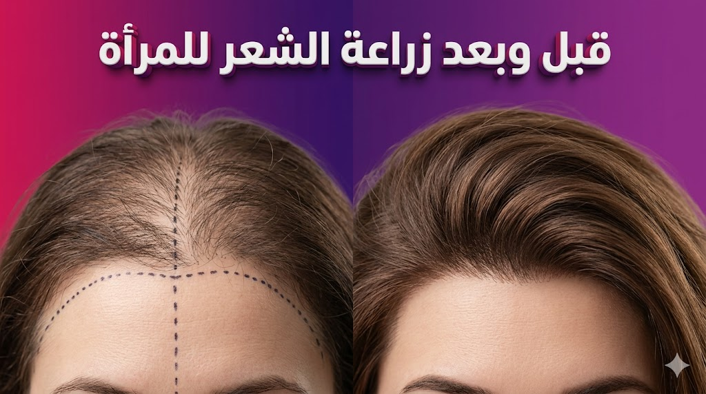  مقارنة قبل وبعد لعملية زراعة الشعر للمرأة توضح استعادة كثافة الشعر الطبيعية بشكل مذهل.