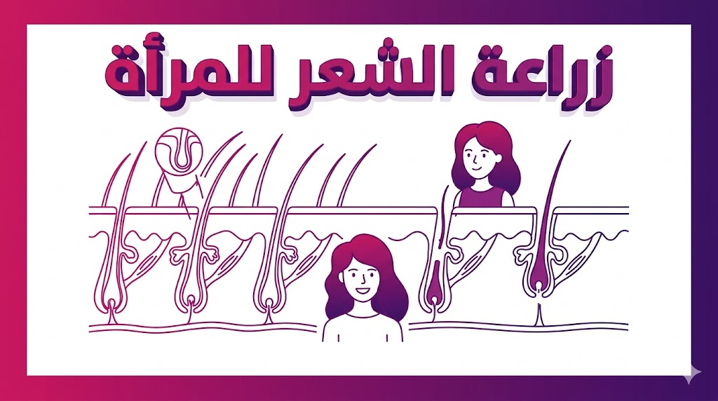 مخطط تشريحي يوضح تقنيات زراعة الشعر للمرأة وكيفية تثبيت البصيلات في فروة الرأس.