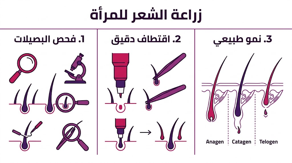  إنفوجرافيك طبي يوضح المراحل الثلاث الأساسية في عملية زراعة الشعر للمرأة من الفحص حتى النمو.