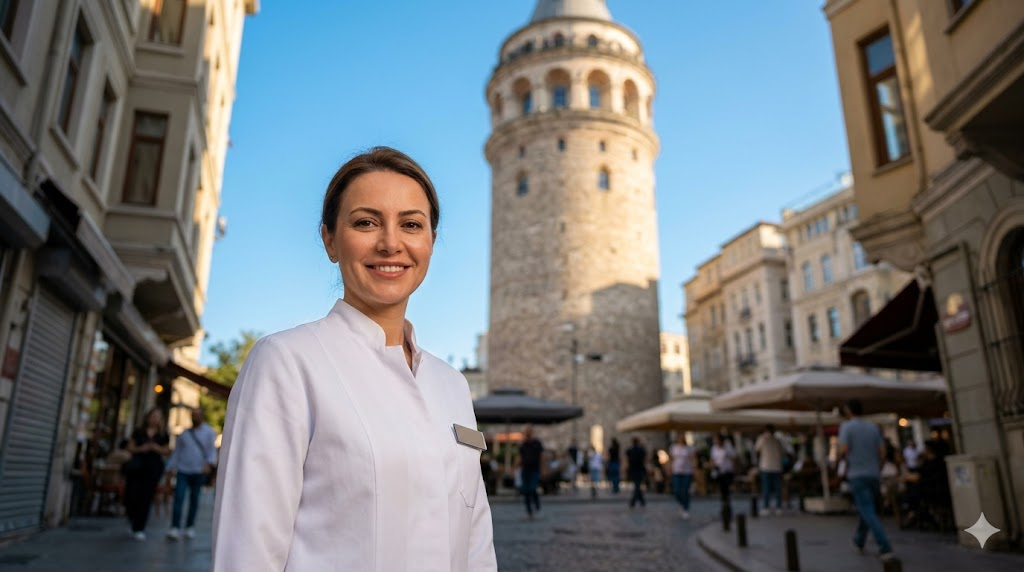  طبيب متخصص في زراعة الشعر للمرأة يقف أمام برج غالاتا في اسطنبول كوجهة رائدة للسياحة العلاجية.