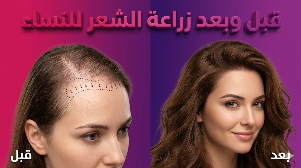 صورة واقعية توضح نتائج قبل وبعد زراعة الشعر للنساء مع تحديد مناطق زراعة البصيلات بدقة.