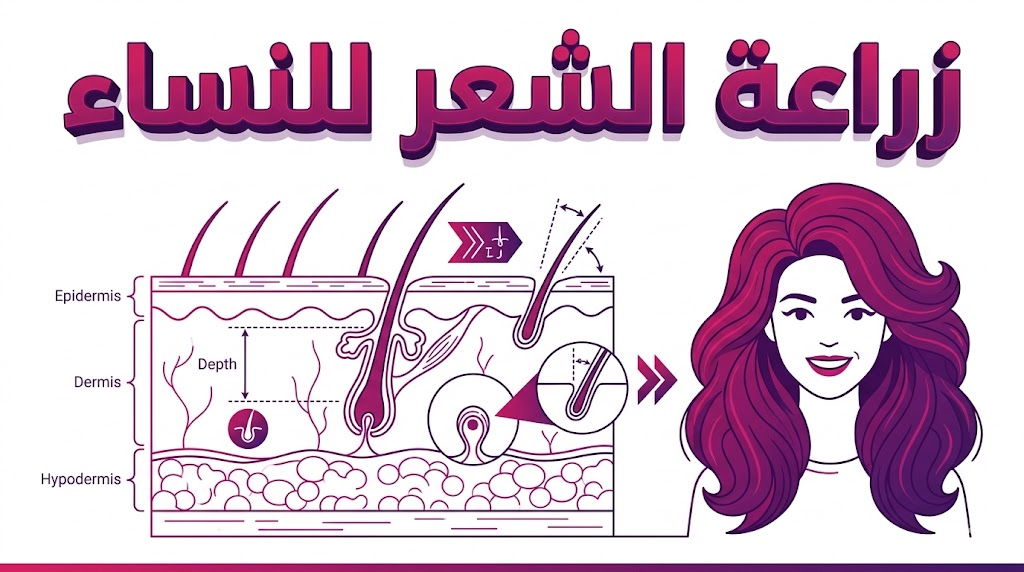  إنفوجرافيك طبي يوضح التشريح الداخلي لبصيلات الشعر وزوايا الغرس الصحيحة في عمليات زراعة الشعر للنساء.