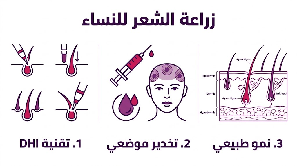 بوستر إنفوجرافيك يوضح ثلاث مراحل أساسية لعملية زراعة الشعر للنساء تشمل التقنية والتخدير والنتائج.