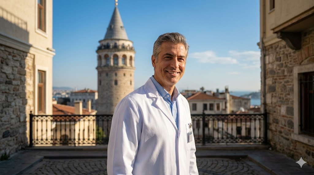  طبيب خبير في عمليات زراعة الشعر للنساء يقف أمام برج غالاتا التاريخي في إسطنبول، تركيا.