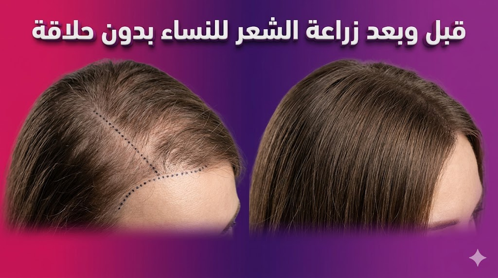  صورة واقعية تقارن بين فراغات فروة الرأس قبل وبعد زراعة الشعر للنساء بدون حلاقة مع ظهور الكثافة النهائية.