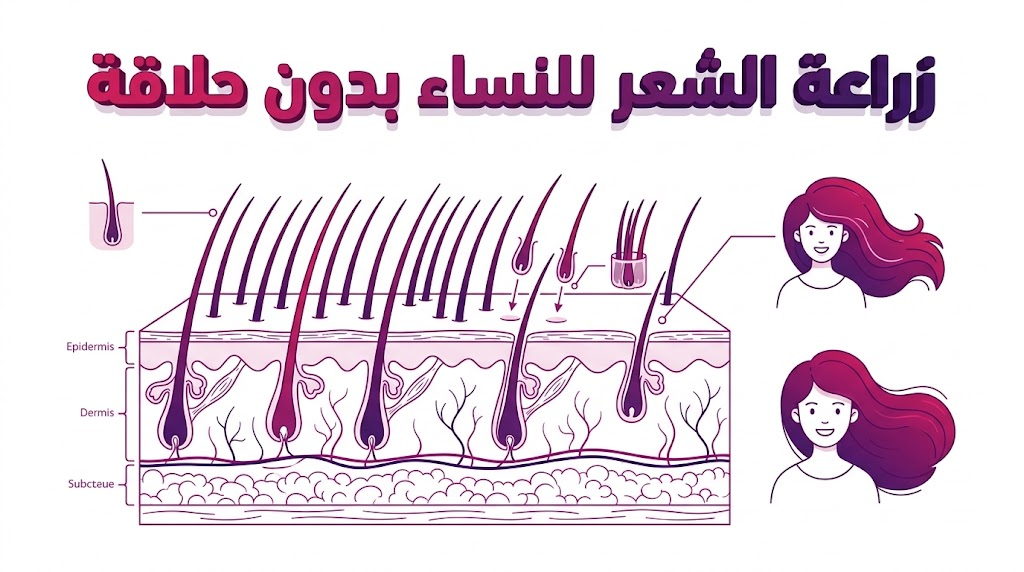 إنفوجرافيك تعليمي يوضح الآلية العلمية لغرس البصيلات أثناء عملية زراعة الشعر للنساء بدون حلاقة.