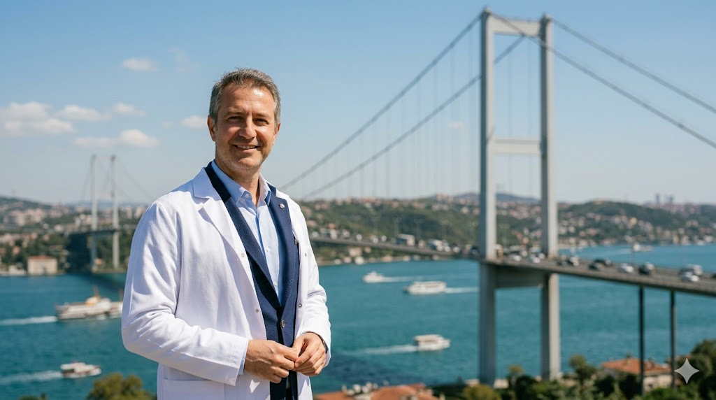  طبيب تجميل متخصص في زراعة الشعر للنساء بدون حلاقة يقف أمام جسر البوسفور في اسطنبول.
