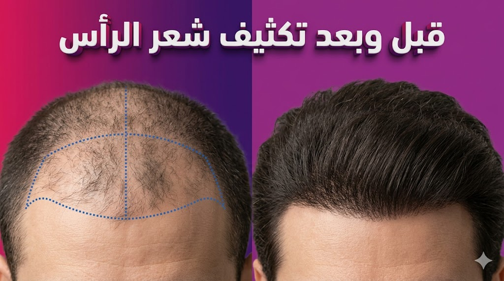  صورة مقارنة "قبل وبعد" توضح نتائج عملية تكثيف شعر الرأس مع تحديد المناطق الطبية.