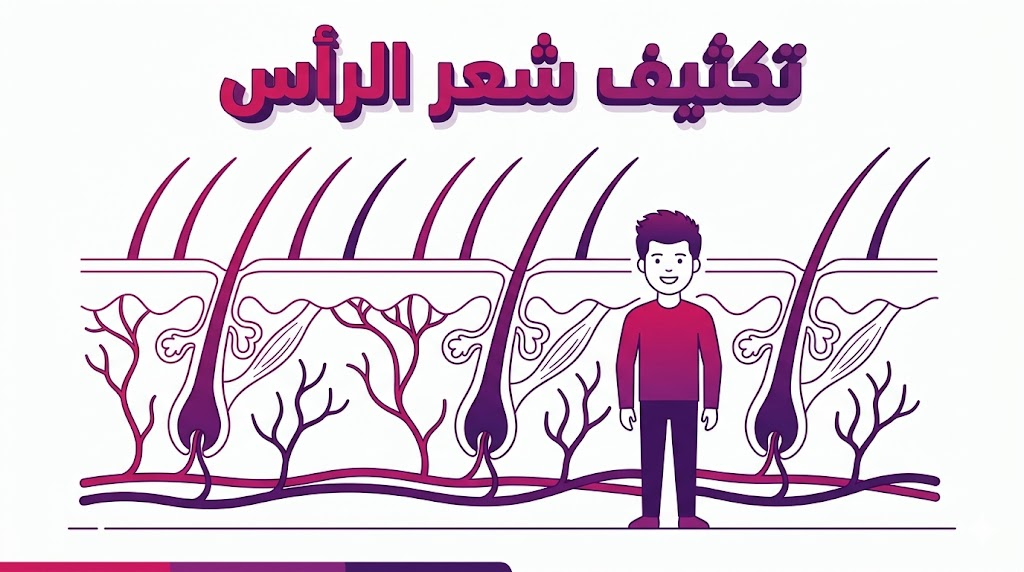 انفوجرافيك طبي يوضح التشريح الداخلي لبصيلات الشعر وكيفية تكثيف شعر الرأس.
