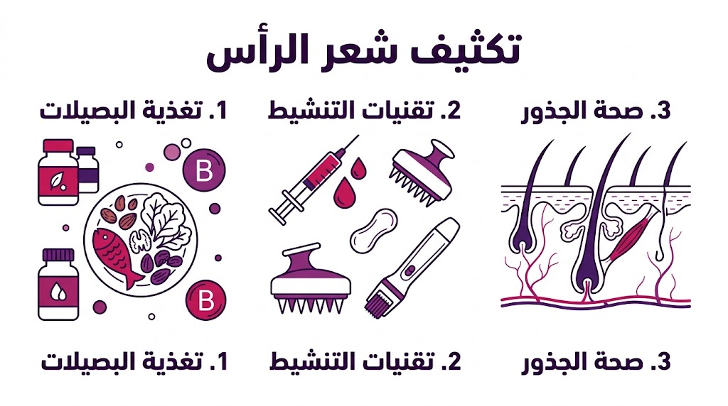 ملصق إنفوجرافيك مقسم لثلاثة أقسام يشرح خطوات تكثيف شعر الرأس طبياً.