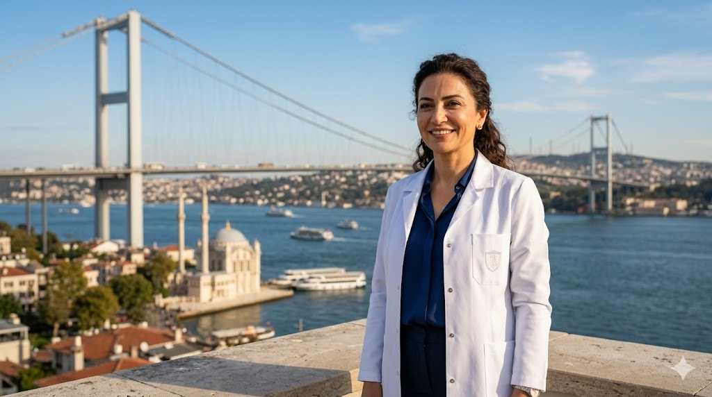 طبيب مختص في تكثيف شعر الرأس يقف أمام جسر البوسفور في اسطنبول بتركيا.