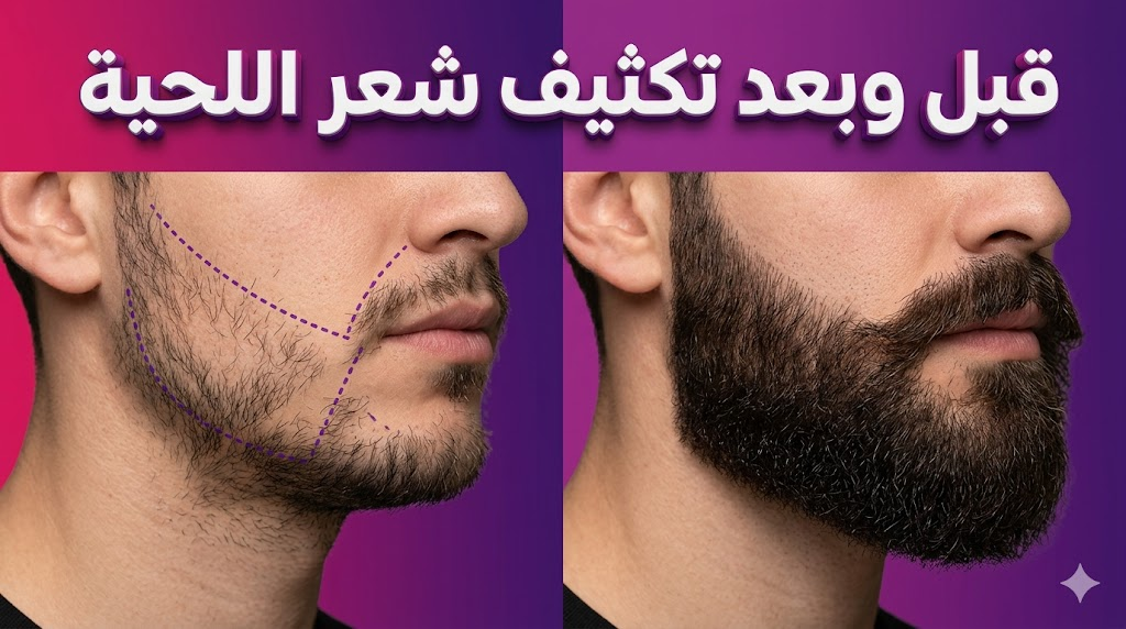 صورة قبل وبعد توضح نتائج تكثيف شعر اللحية وعلاج فراغات الذقن بشكل طبيعي.
