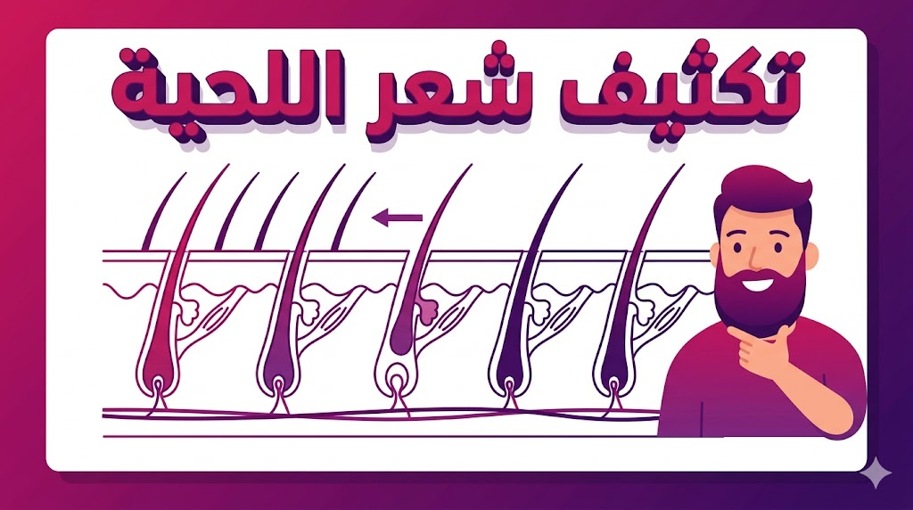 إنفوجرافيك طبي يوضح العلم وراء عملية تكثيف شعر اللحية وزراعة البصيلات في الوجه.