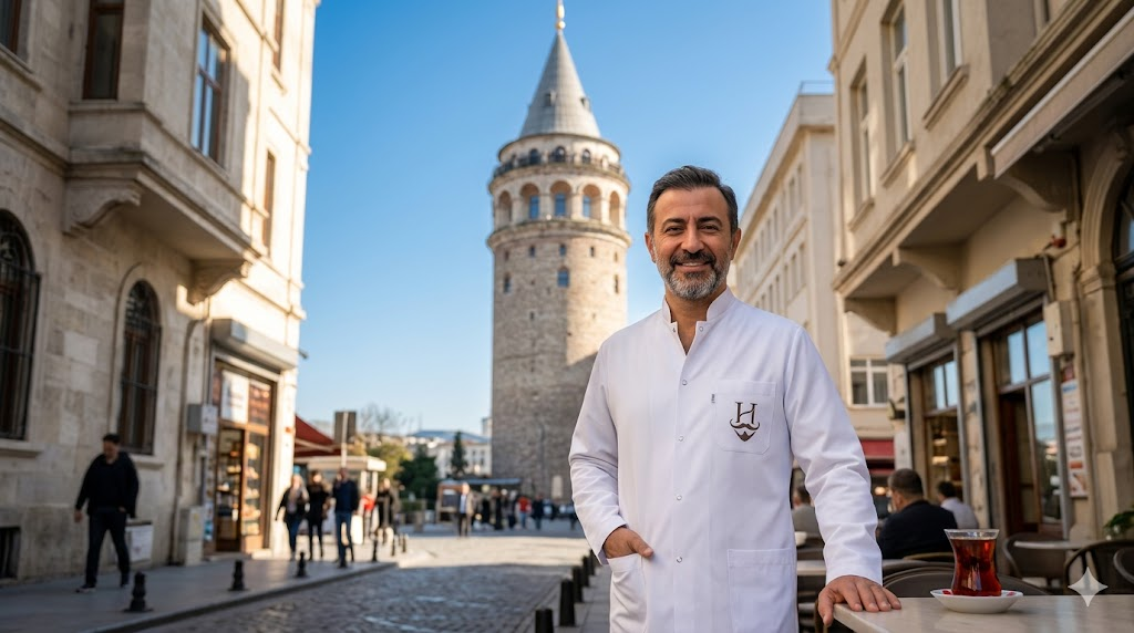 طبيب متخصص في تكثيف شعر اللحية يقف أمام برج غالاتا في مدينة إسطنبول بتركيا.
