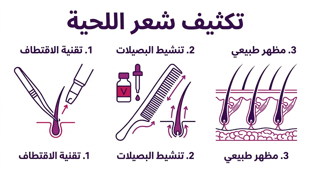  بوستر إنفوجرافيك يشرح خطوات تكثيف شعر اللحية من الاقتطاف حتى الحصول على مظهر طبيعي.