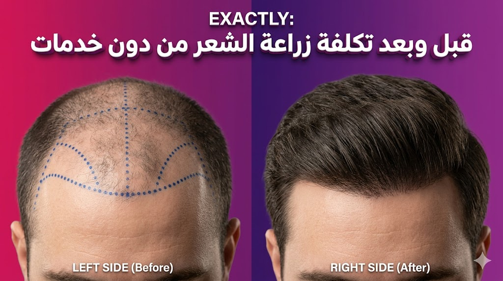 مقارنة قبل وبعد توضح نتائج العملية المرتبطة بـ تكلفة زراعة الشعر من دون خدمات مع تخطيط طبي دقيق.