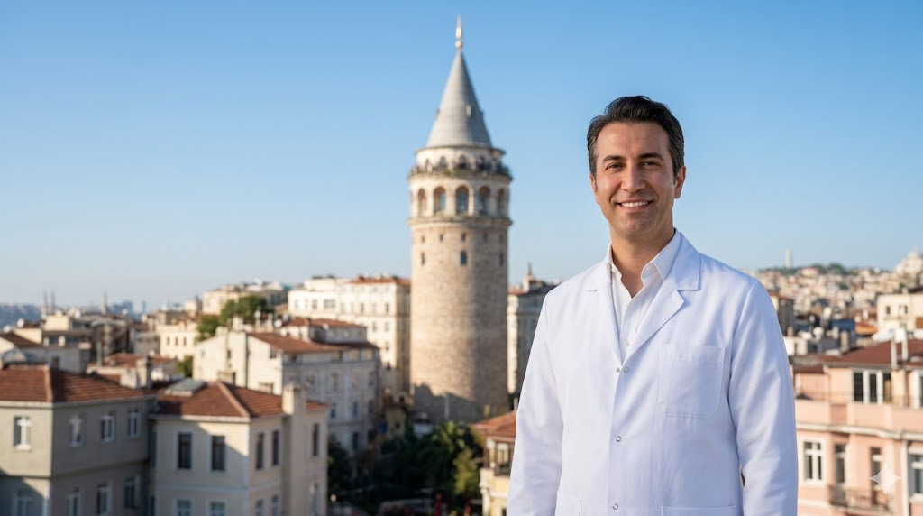  طبيب متخصص في زراعة الشعر يقف أمام برج غالاتا في إسطنبول، لتمثيل وجهة تكلفة زراعة الشعر من دون خدمات في تركيا.