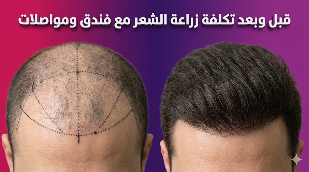 مقارنة قبل وبعد توضح نتائج تكلفة زراعة الشعر مع فندق ومواصلات مع تخطيط طبي دقيق.