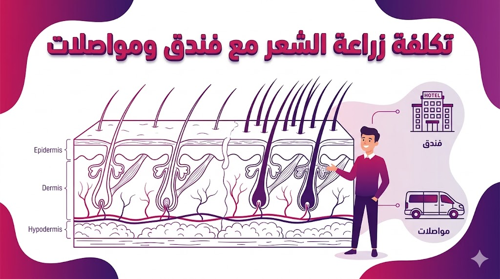 مخطط تشريحي لبصيلات الشعر يوضح تفاصيل تكلفة زراعة الشعر مع فندق ومواصلات بشكل علمي.