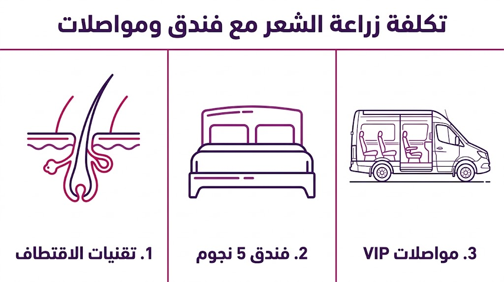 إنفوجرافيك يوضح ميزات تكلفة زراعة الشعر مع فندق ومواصلات بما في ذلك التقنيات والسكن والنقل.