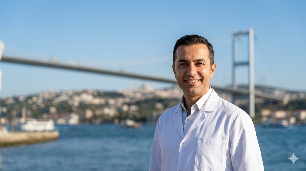 طبيب مختص في اسطنبول أمام جسر البوسفور يشرح تكلفة زراعة الشعر مع فندق ومواصلات.