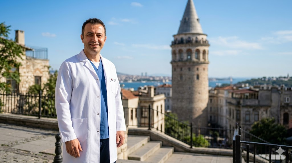  جراح متخصص في تركيا أمام برج غالاتا يوضح الثقة في خدمات تكلفة استئصال الثدي الكلي.