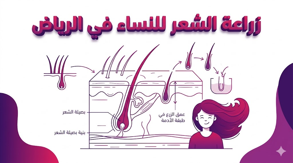  إنفوجرافيك طبي تشريحي يوضح البنية العلمية للبصيلات المستخدمة في عمليات زراعة الشعر للنساء في الرياض.