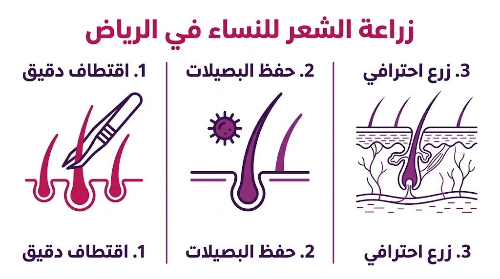  بوستر إنفوجرافيك يوضح المراحل الثلاث الأساسية لعملية زراعة الشعر للنساء في الرياض: الاقتطاف، الحفظ، والزرع.