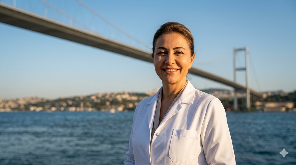  طبيب مختص في زراعة الشعر للنساء في الرياض يقف أمام جسر البوسفور، مما يرمز إلى الخبرة العالمية والتقنيات المتطورة المستخدمة.