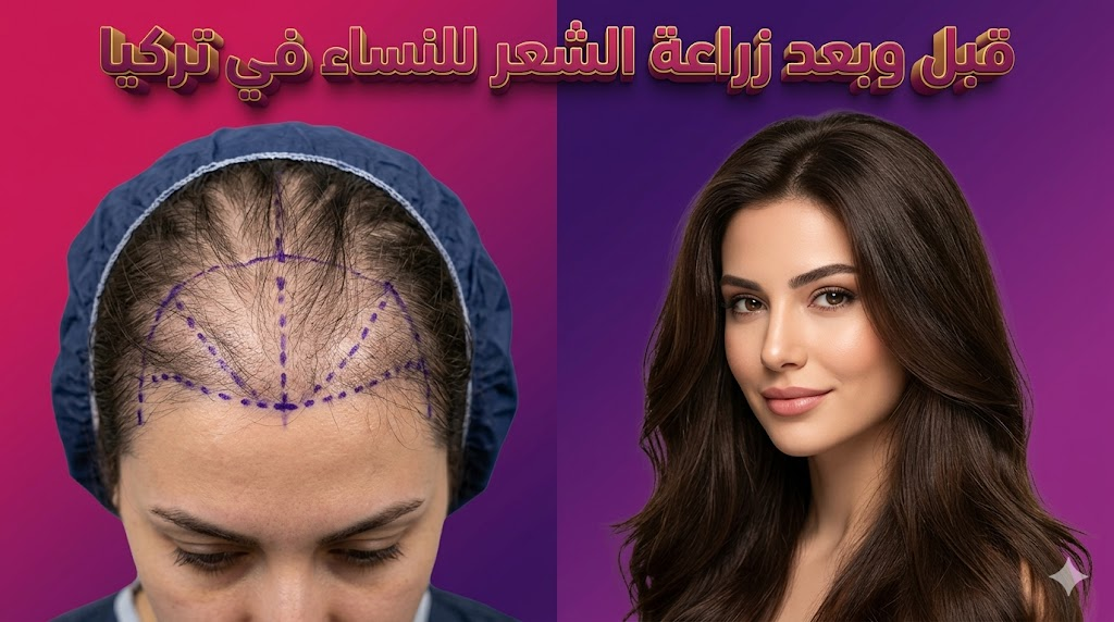 صورة قبل وبعد زراعة الشعر للنساء في تركيا توضح استعادة كثافة الشعر الطبيعية.