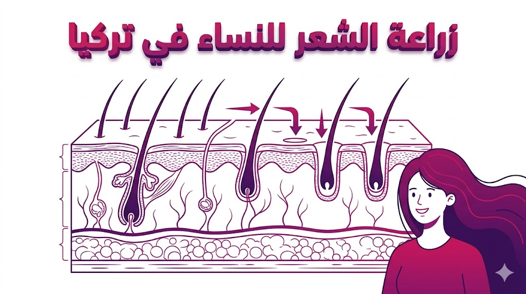 إنفوجرافيك تشريحي يوضح آلية غرس البصيلات أثناء عملية زراعة الشعر للنساء في تركيا.