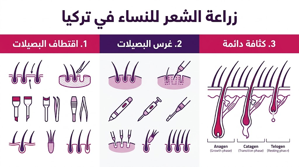  بوستر توضيحي لمراحل زراعة الشعر للنساء في تركيا من الاقتطاف حتى النتائج النهائية.