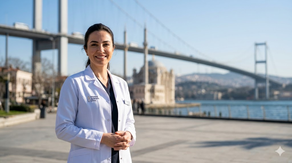  طبيبة متخصصة في زراعة الشعر للنساء في تركيا تقف أمام جسر البوسفور في إسطنبول.